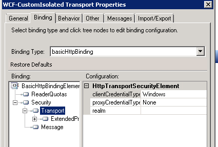 Set the Security Transport clientCredentialType to Windows